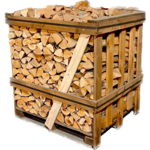 Kiln dried birch firewood cut to 25cm and packed in a large crate for efficient, low-moisture burning