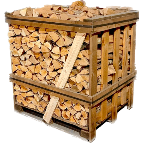 Kiln dried birch firewood cut to 25cm and packed in a large crate for efficient, low-moisture burning
